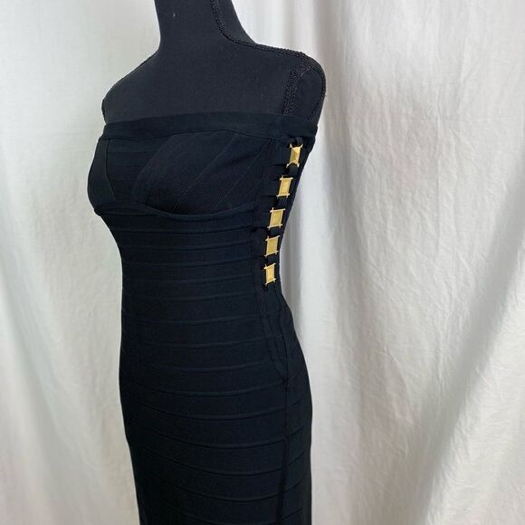 #150 HERVE LEGER Bandage Stretch Maxi Dress in Black and Gold - Picture 10 of 14
